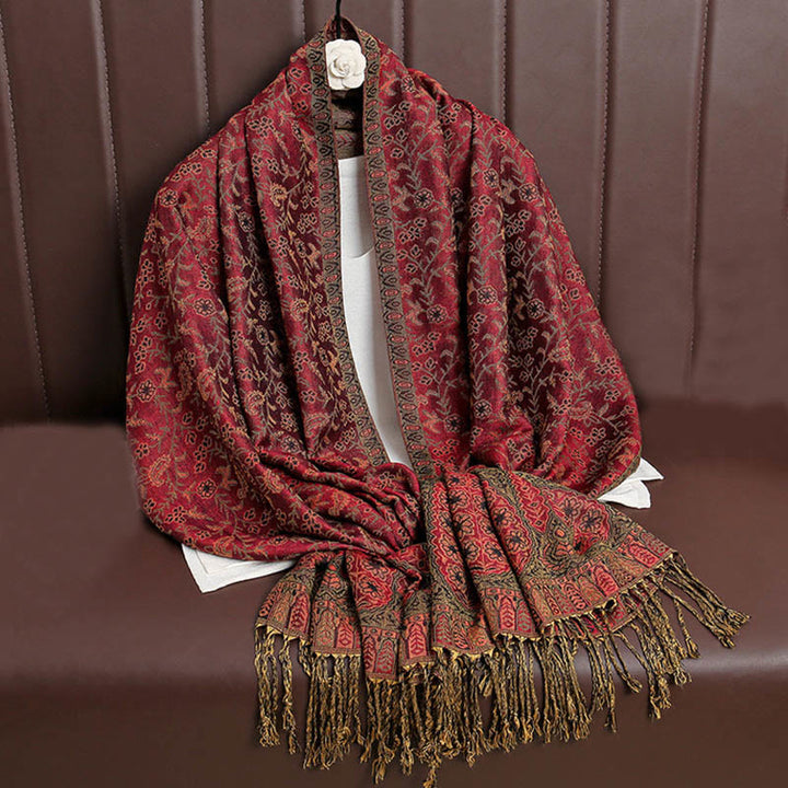 Écharpe confortable à pompons en jacquard Buddha Stones à motif cachemire et fleurs contrastées - Rouge foncé - image 3