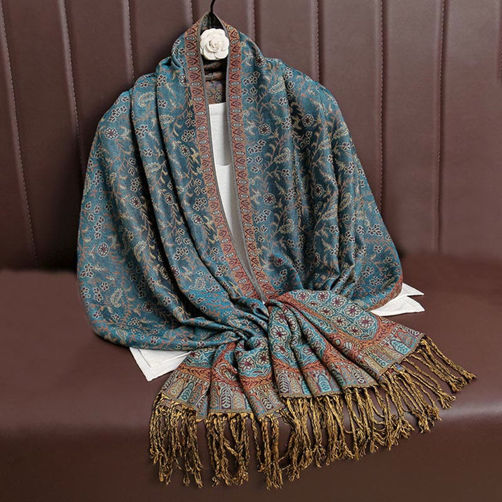 Écharpe confortable à pompons en jacquard Buddha Stones à motif cachemire et fleurs contrastées - Sarcelle - image 20