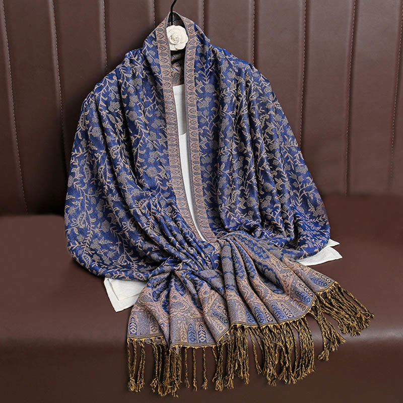 Écharpe confortable à pompons en jacquard Buddha Stones à motif cachemire et fleurs contrastées - Bleu ardoise - image 11