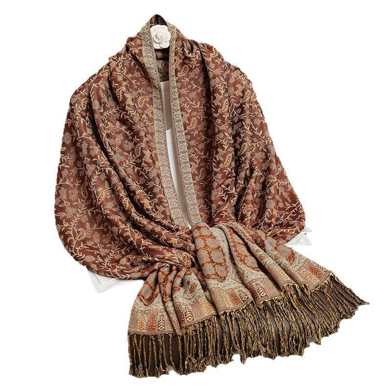 Écharpe confortable à pompons en jacquard Buddha Stones à motif cachemire et fleurs contrastées - image 19