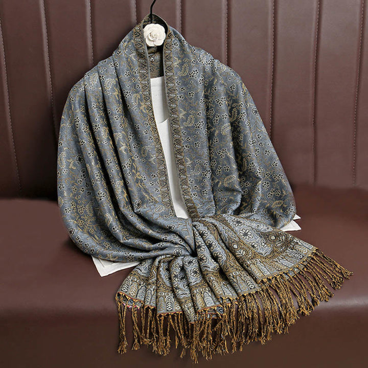 Écharpe confortable à pompons en jacquard Buddha Stones à motif cachemire et fleurs contrastées - Gris ardoise clair - image 21