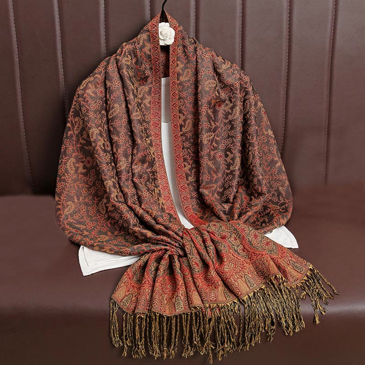 Écharpe confortable à pompons en jacquard Buddha Stones à motif cachemire et fleurs contrastées - Brun - image 33