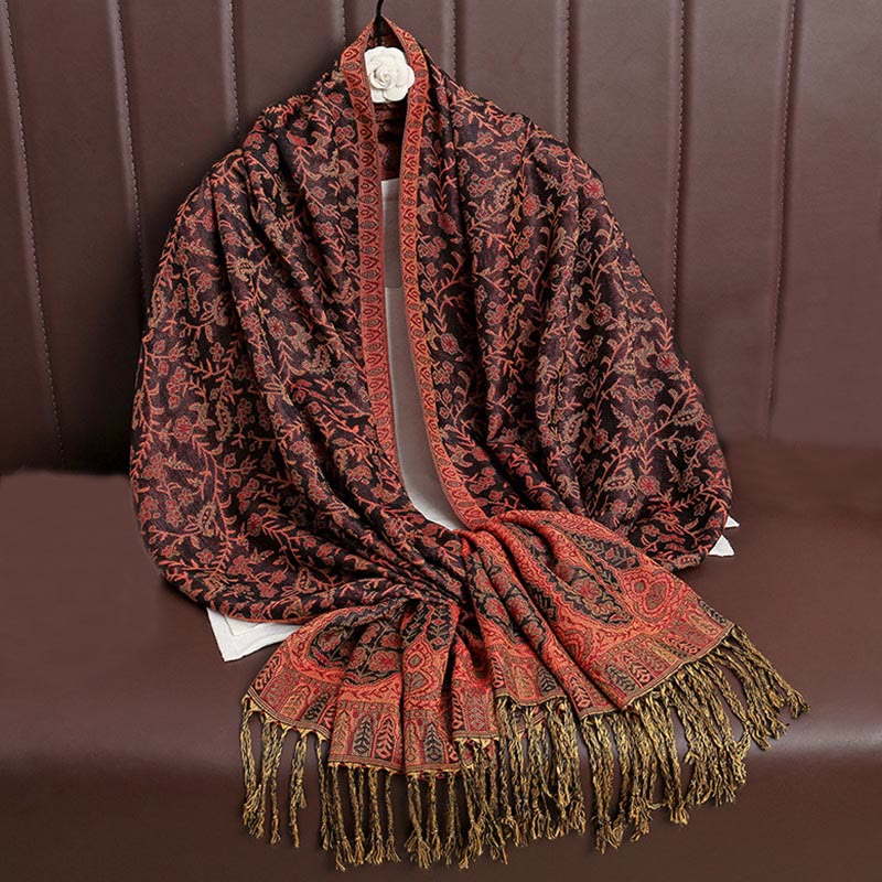 Écharpe confortable à pompons en jacquard Buddha Stones à motif cachemire et fleurs contrastées - OrangeRouge - image 7