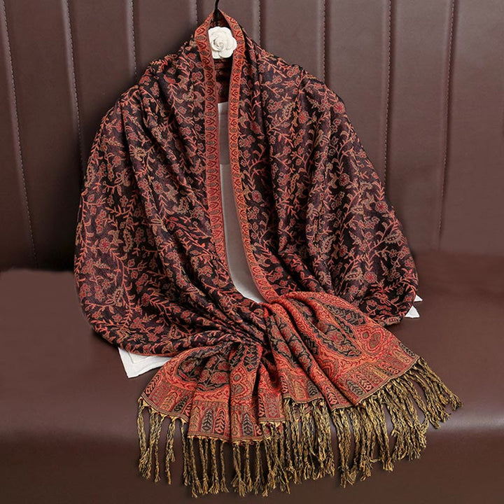 Écharpe confortable à pompons en jacquard Buddha Stones à motif cachemire et fleurs contrastées - OrangeRouge - image 7