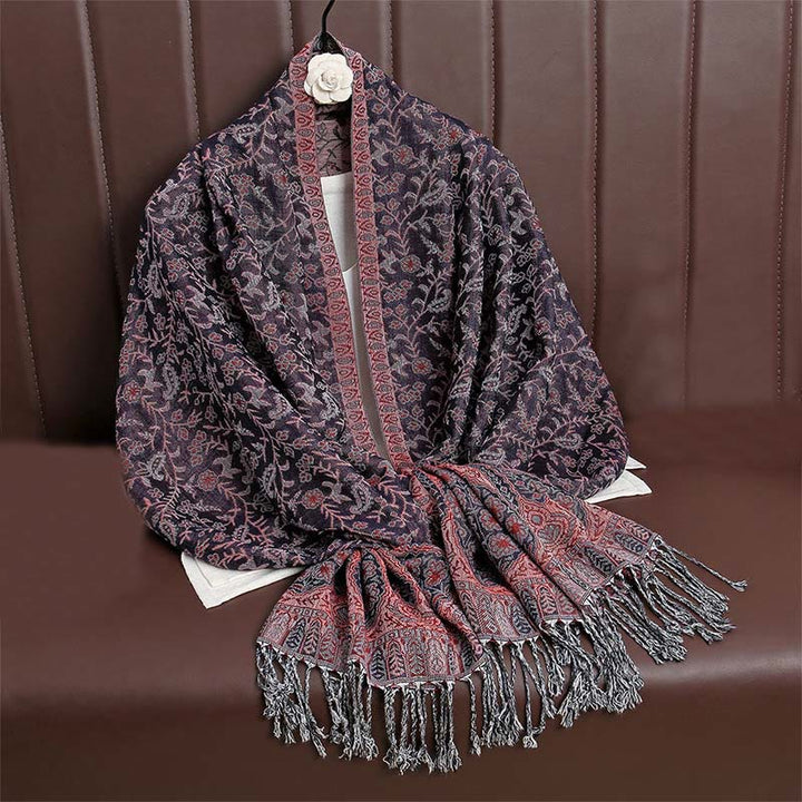 Écharpe confortable à pompons en jacquard Buddha Stones à motif cachemire et fleurs contrastées - Magenta foncé - image 37