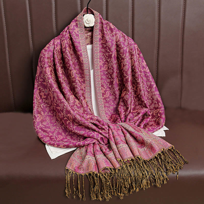 Écharpe confortable à pompons en jacquard Buddha Stones à motif cachemire et fleurs contrastées - Rouge violet moyen - image 15