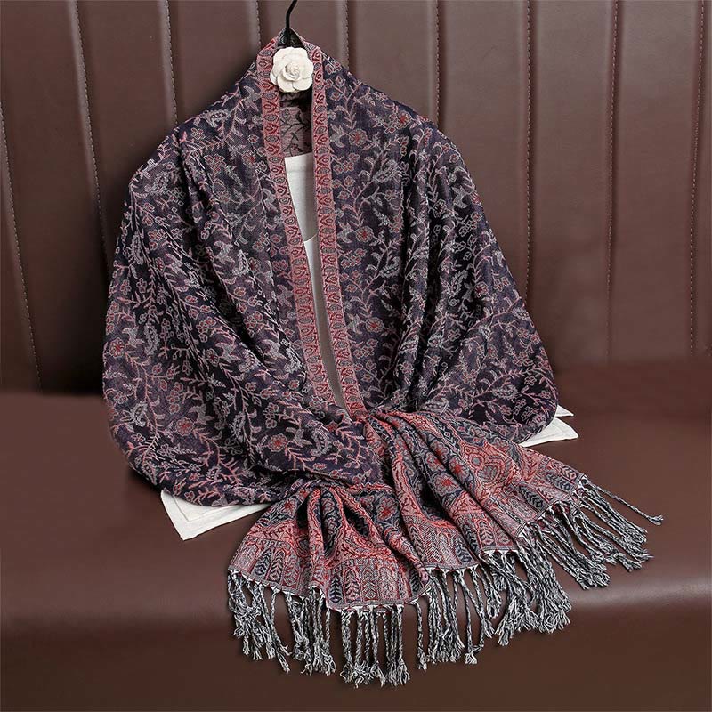 Écharpe confortable à pompons en jacquard Buddha Stones à motif cachemire et fleurs contrastées - Magenta foncé - image 37
