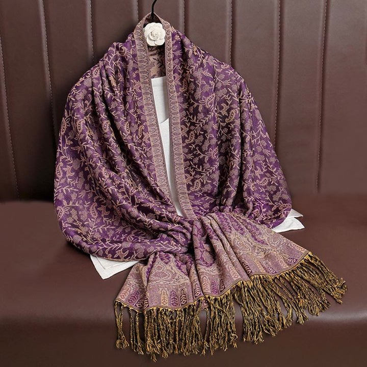 Écharpe confortable à pompons en jacquard Buddha Stones à motif cachemire et fleurs contrastées - Fuchsia - image 22