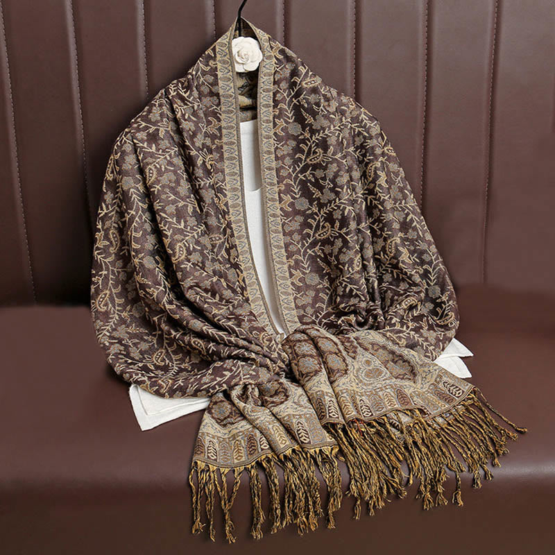 Écharpe confortable à pompons en jacquard Buddha Stones à motif cachemire et fleurs contrastées - SaddleBrown - image 13