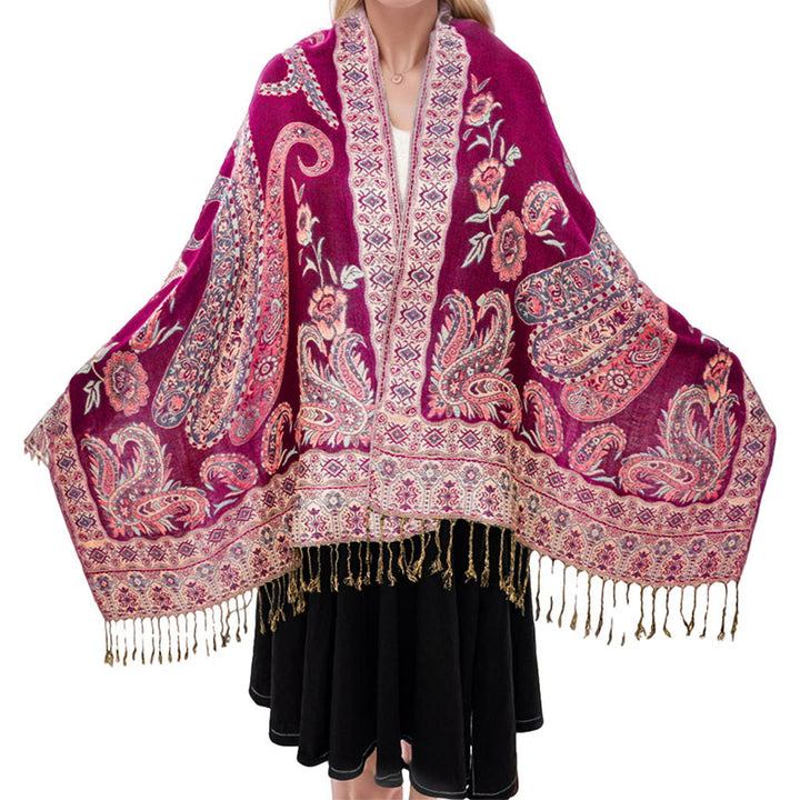 Écharpe confortable à pompons et motif floral cachemire tibétain de style bohème avec Buddha Stones - Rouge violet moyen - 70*180 cm - image 19