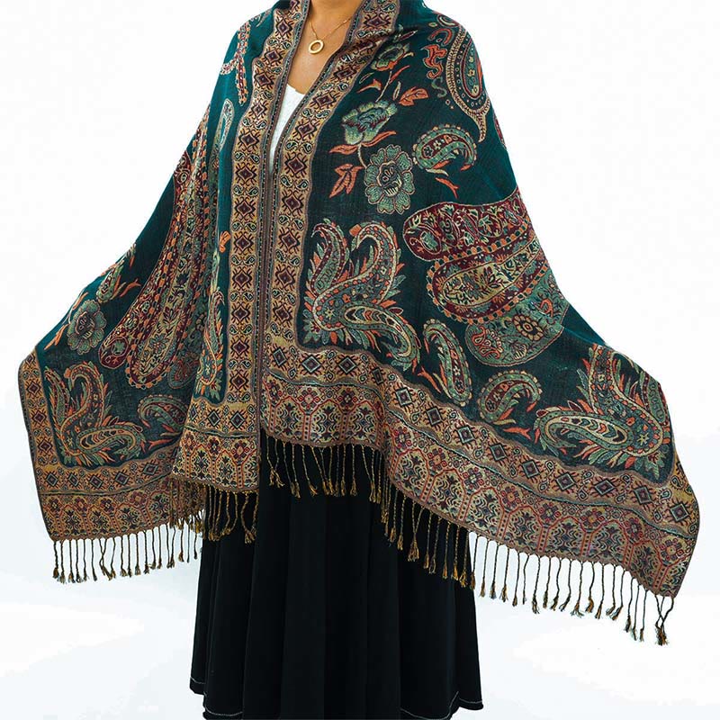 Écharpe confortable à pompons et motif floral cachemire tibétain de style bohème avec Buddha Stones - Vert foncé - 70*180 cm - image 0