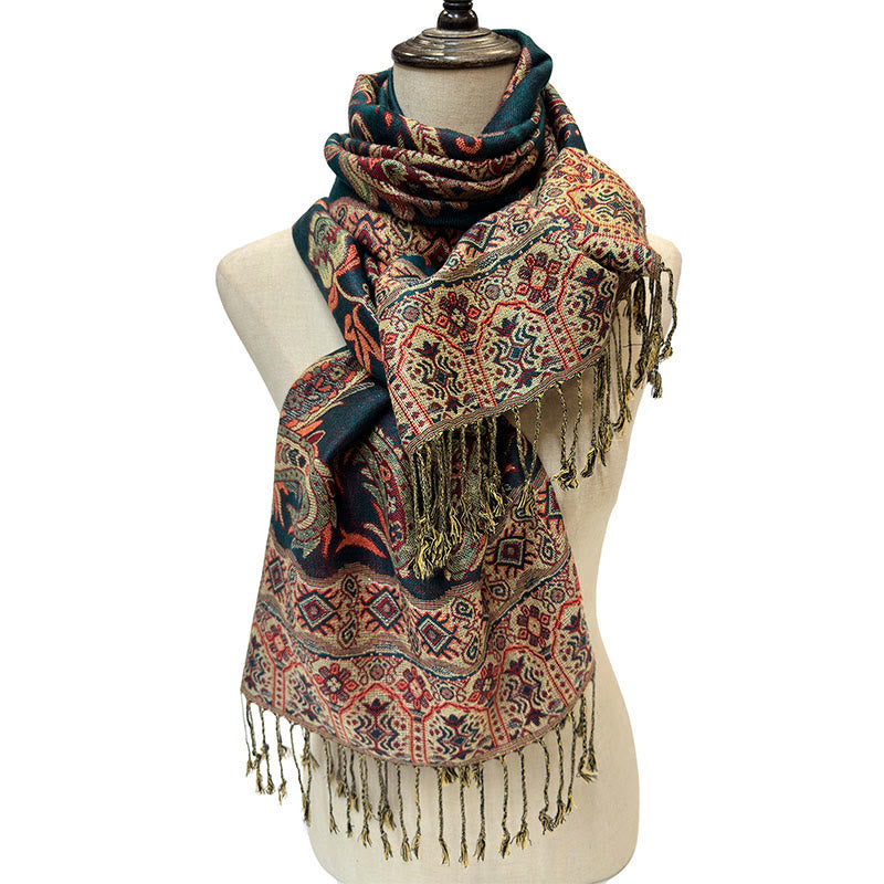 Écharpe confortable à pompons et motif floral cachemire tibétain de style bohème avec Buddha Stones - image 7