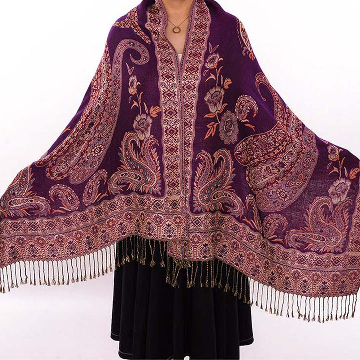 Écharpe confortable à pompons et motif floral cachemire tibétain de style bohème avec Buddha Stones - Magenta foncé - 70*180 cm - image 16