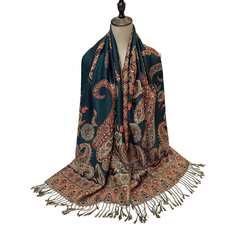 Écharpe confortable à pompons et motif floral cachemire tibétain de style bohème avec Buddha Stones - image 5