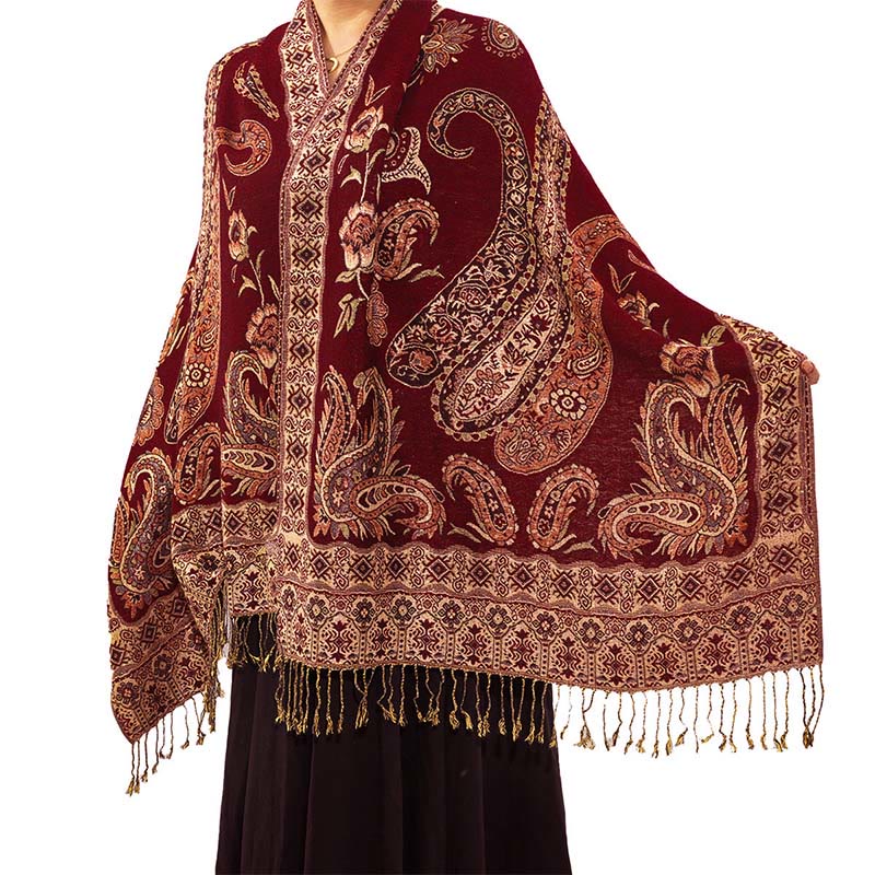 Écharpe confortable à pompons et motif floral cachemire tibétain de style bohème avec Buddha Stones - Rouge foncé - 70*180 cm - image 8