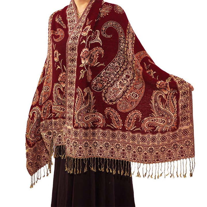 Écharpe confortable à pompons et motif floral cachemire tibétain de style bohème avec Buddha Stones - Rouge foncé - 70*180 cm - image 8