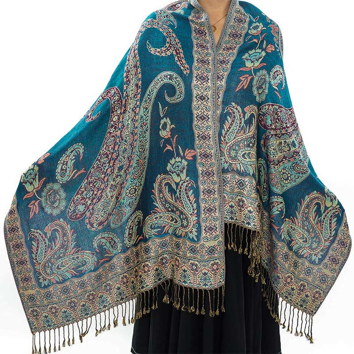 Écharpe confortable à pompons et motif floral cachemire tibétain de style bohème avec Buddha Stones - Sarcelle - 70*180 cm - image 12