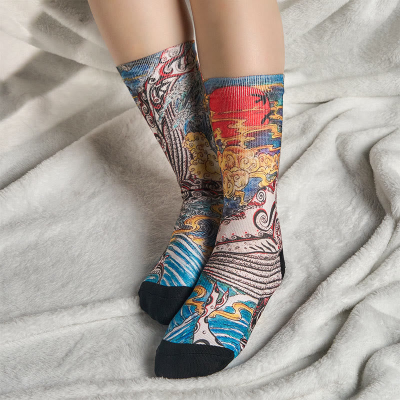 Chaussettes unisexes décontractées Buddha Stones, motif baleine, vagues, coucher de soleil, micro-collant pour hommes et femmes - image 5