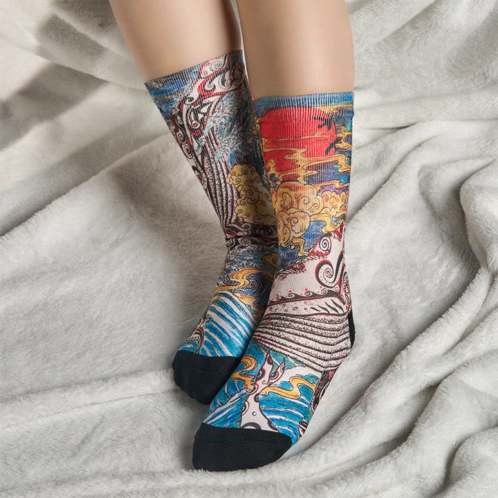 Chaussettes unisexes décontractées Buddha Stones, motif baleine, vagues, coucher de soleil, micro-collant pour hommes et femmes - image 5