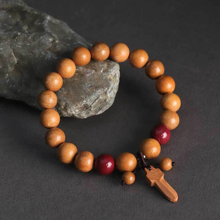 Bracelet de richesse avec breloque épée en bois de pêche et cinabre et Buddha Stones - Bois de pêcher 10 mm (circonférence du poignet : 15-17 cm) - image 0