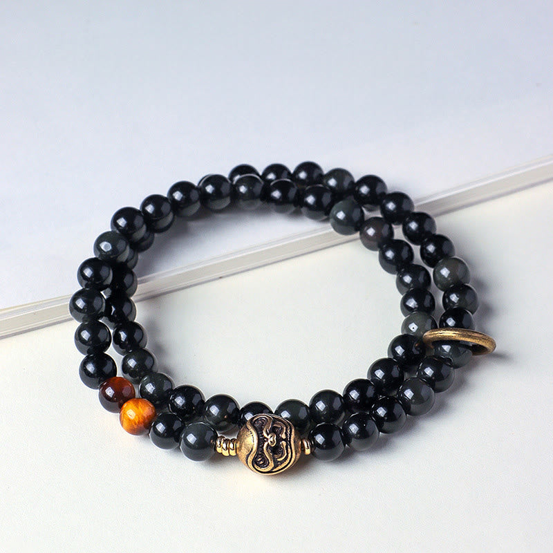 Bracelet double tour en cuivre et obsidienne noire tibétaine avec Buddha Stones - Obsidienne noire (circonférence du poignet : 13-15 cm) - image 0
