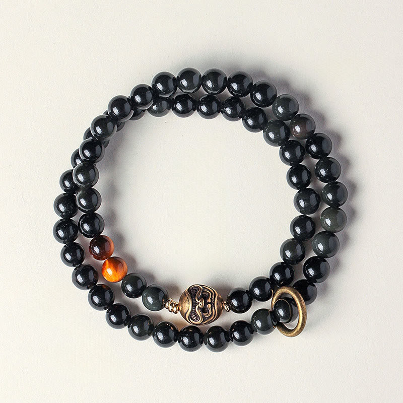 Bracelet double tour en cuivre et obsidienne noire tibétaine avec Buddha Stones - image 1