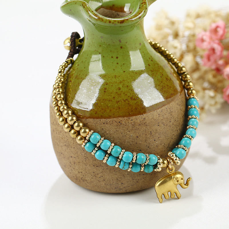 Bracelet de force en cuivre plaqué double couche avec Buddha Stones turquoise et éléphant porte-bonheur - Turquoise (tour de poignet : 15-18 cm) - image 8
