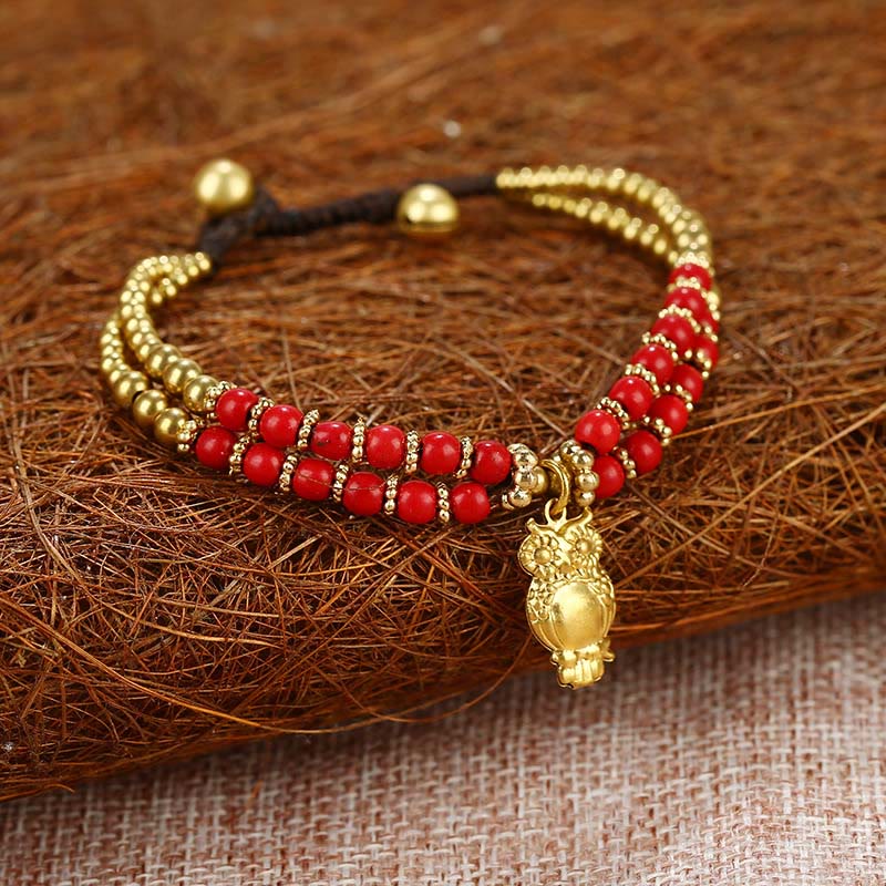 Bracelet de force en cuivre plaqué double couche avec Buddha Stones turquoise et éléphant porte-bonheur - Turquoise rouge (tour de poignet : 15-18 cm) - image 4