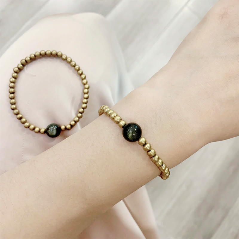 Bracelet de protection et de richesse en obsidienne plaqué cuivre et laiton doré avec Buddha Stones - image 2