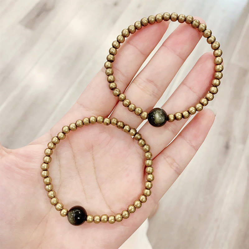 Bracelet de protection et de richesse en obsidienne plaqué cuivre et laiton doré avec Buddha Stones - image 1