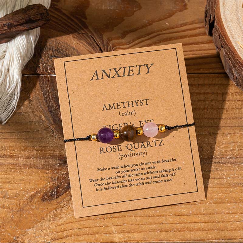 Bracelet en corde avec Buddha Stones, améthyste, œil de tigre, quartz rose, protection anti-anxiété - Perles rondes (tour de poignet : 14-23 cm) - image 1
