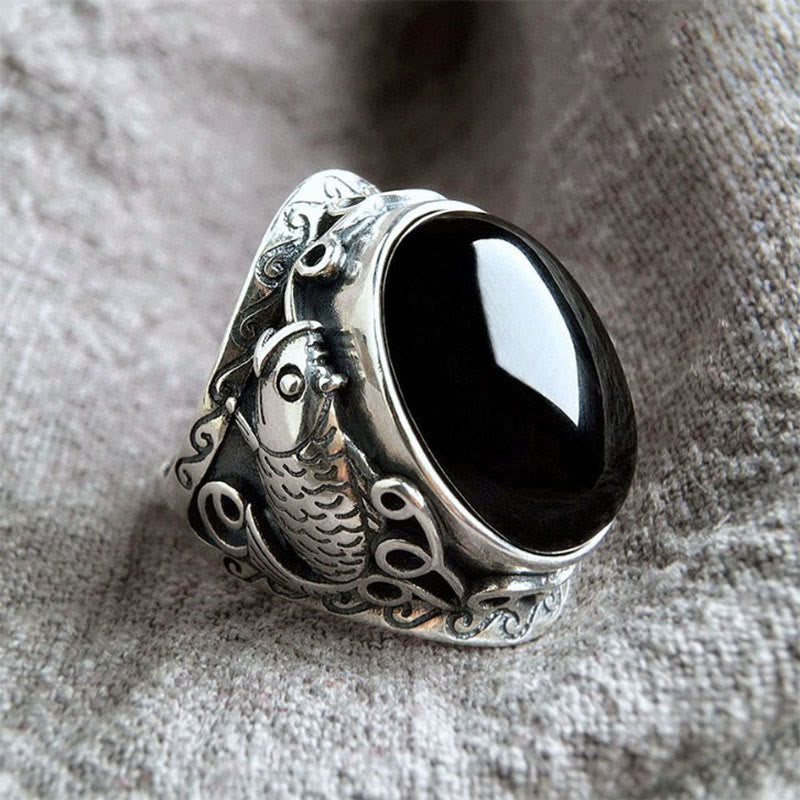 Bague ajustable en Buddha Stones noire avec symbole de force du poisson koï - Obsidienne noire - image 0