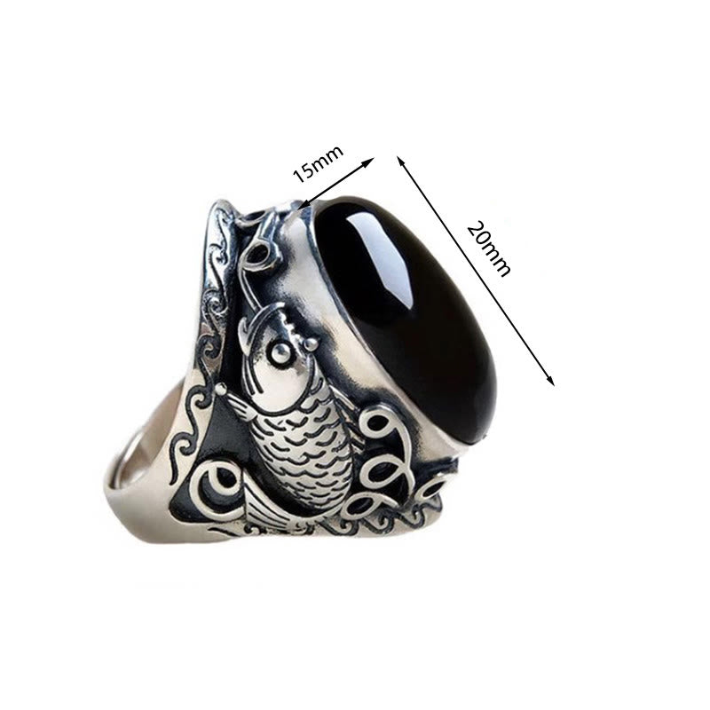 Bague ajustable en Buddha Stones noire avec symbole de force du poisson koï - image 4
