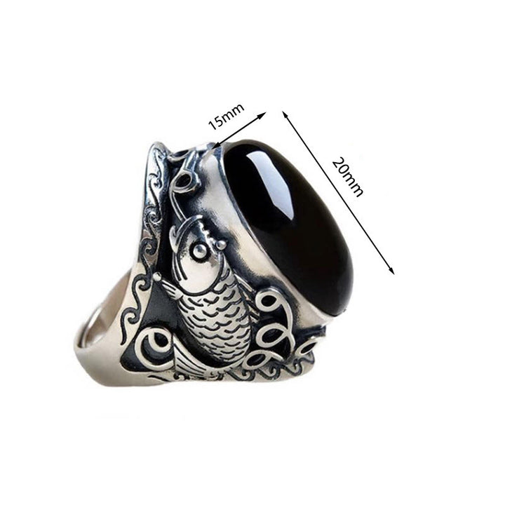 Bague ajustable en Buddha Stones noire avec symbole de force du poisson koï - image 4