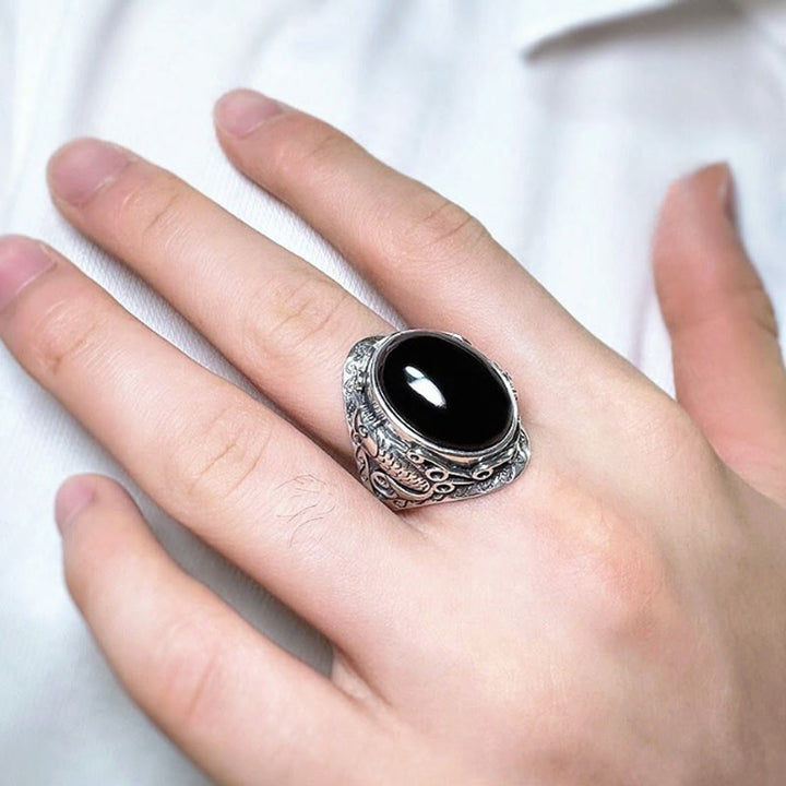 Bague ajustable en Buddha Stones noire avec symbole de force du poisson koï - image 9
