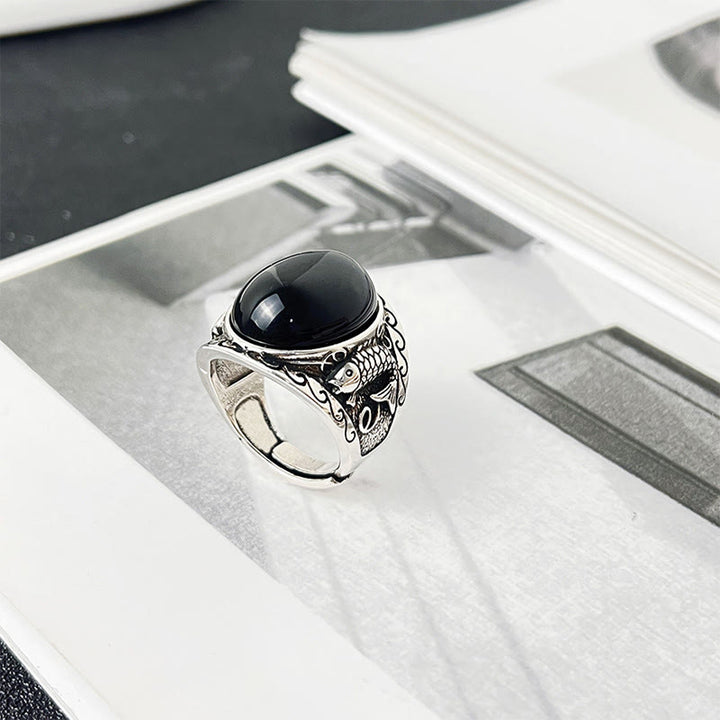 Bague ajustable en Buddha Stones noire avec symbole de force du poisson koï - image 8