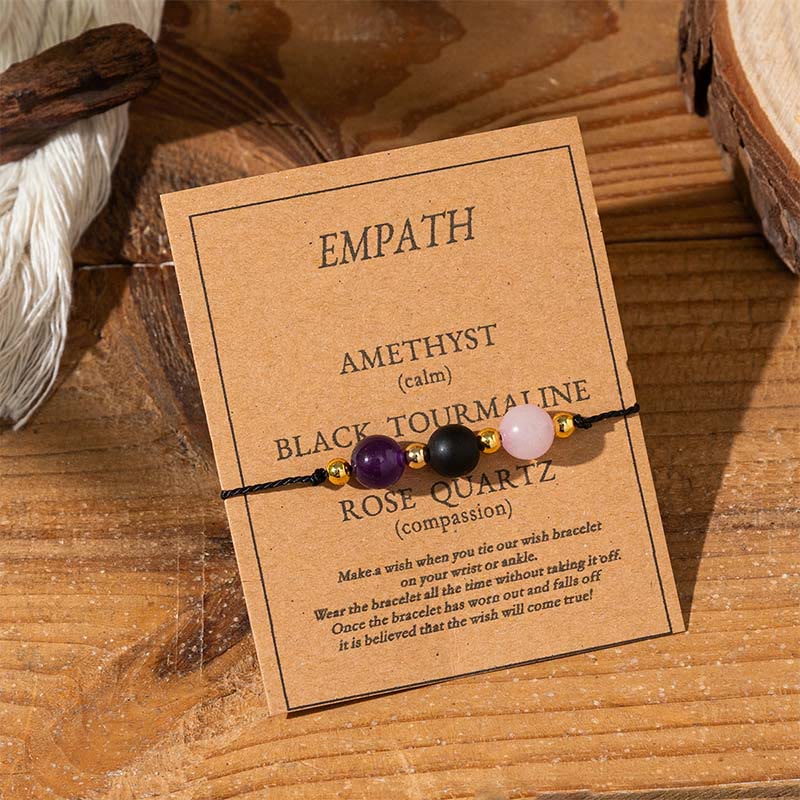 Bracelet en corde avec carte d'empathie et Buddha Stones, tourmaline noire et quartz rose - Perles rondes (tour de poignet : 14-23 cm) - image 1