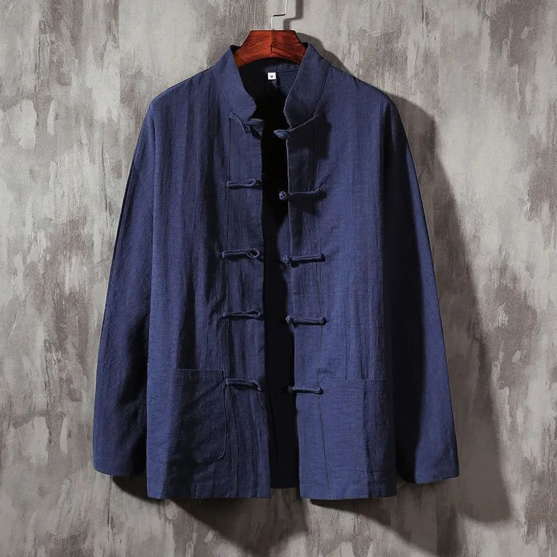 Chemise décontractée en coton et lin à col montant et Buddha Stones - Bleu ardoise foncé - États-Unis/Royaume-Uni/AU 44, EU54 (5XL) - image 5