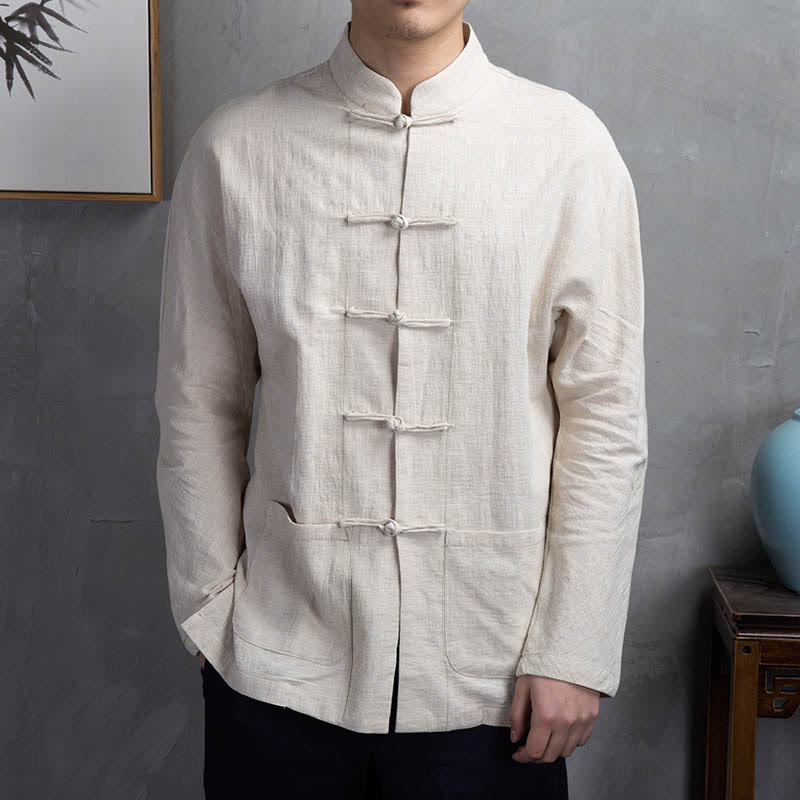 Chemise décontractée à boutons grenouille pour homme, couleur unie, motif Buddha Stones - image 1