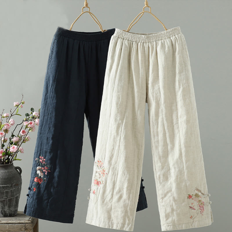 Pantalon large rembourré en coton pour femme avec poches et boutons de grenouille brodés Buddha Stones - Bleu nuit - US8-10，UK/AU12-14，EU40-42 (2XL) - image 0