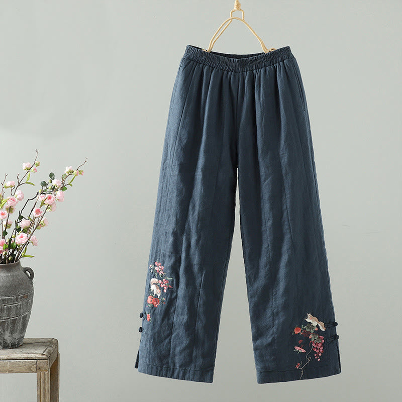 Pantalon large rembourré en coton pour femme avec poches et boutons de grenouille brodés Buddha Stones - image 1