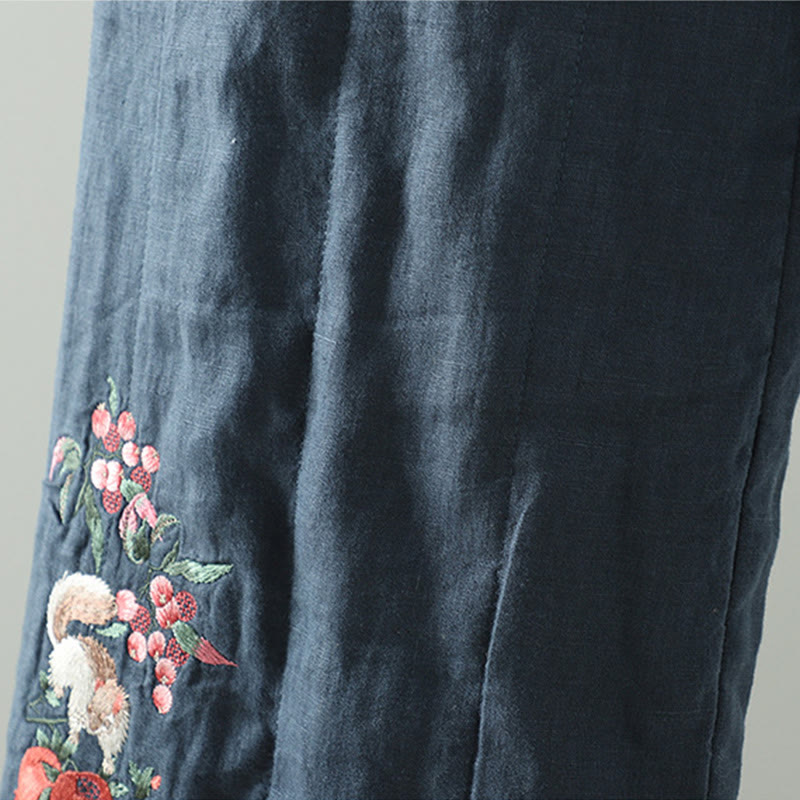 Pantalon large rembourré en coton pour femme avec poches et boutons de grenouille brodés Buddha Stones - image 5