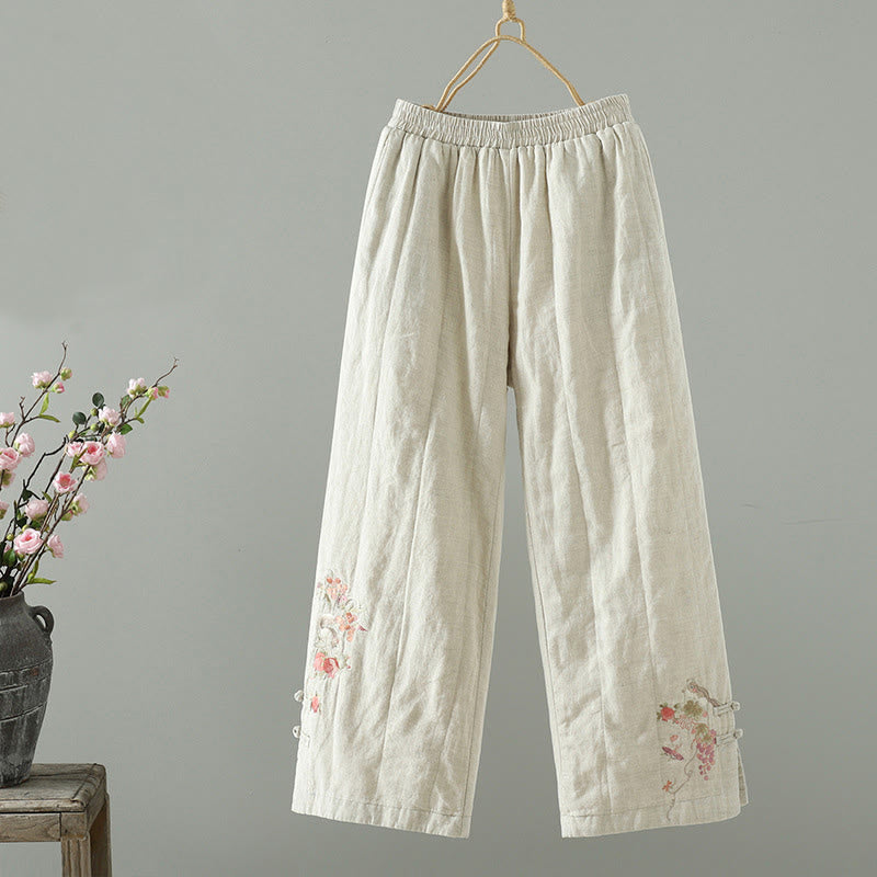 Pantalon large rembourré en coton pour femme avec poches et boutons de grenouille brodés Buddha Stones - Beige - US8-10，UK/AU12-14，EU40-42 (2XL) - image 6
