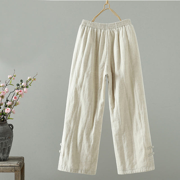 Pantalon large rembourré en coton pour femme avec poches et boutons de grenouille brodés Buddha Stones - image 7