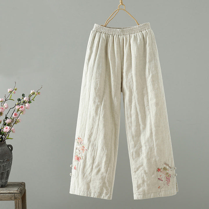 Pantalon large rembourré pour femme avec poches et boutons en forme de grenouille brodés de Buddha Stones - Beige - US8-10，UK/AU12-14，EU40-42 (2XL) - image 6