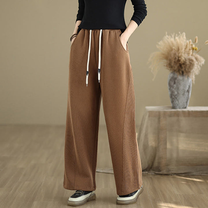 Pantalon large en coton uni avec cordon de serrage et poches pour femme Motif Buddha Stones - image 1