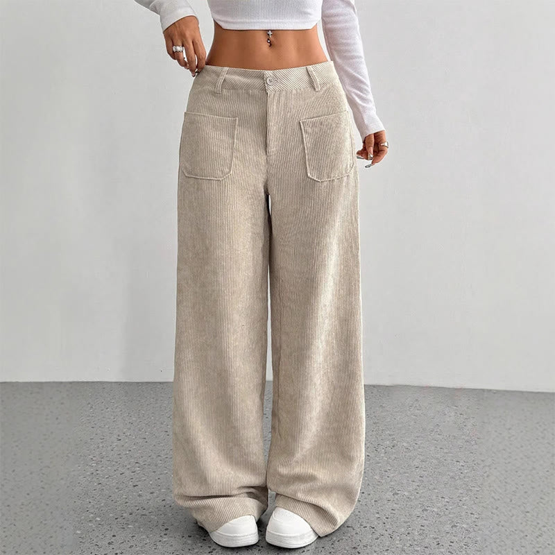 Pantalon large en velours côtelé uni et polyester Buddha Stones pour femme, avec boutons et poches - Beige - US14，UK/AU18，EU46 (2XL) - image 0