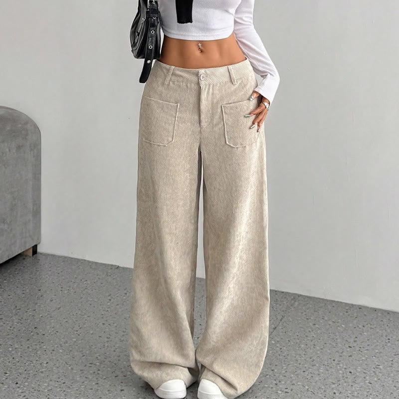 Pantalon large en velours côtelé uni et polyester Buddha Stones pour femme, avec boutons et poches - image 1