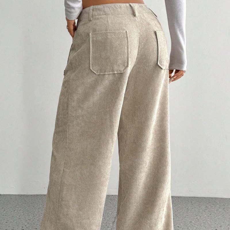 Pantalon large en velours côtelé uni et polyester Buddha Stones pour femme, avec boutons et poches - image 3