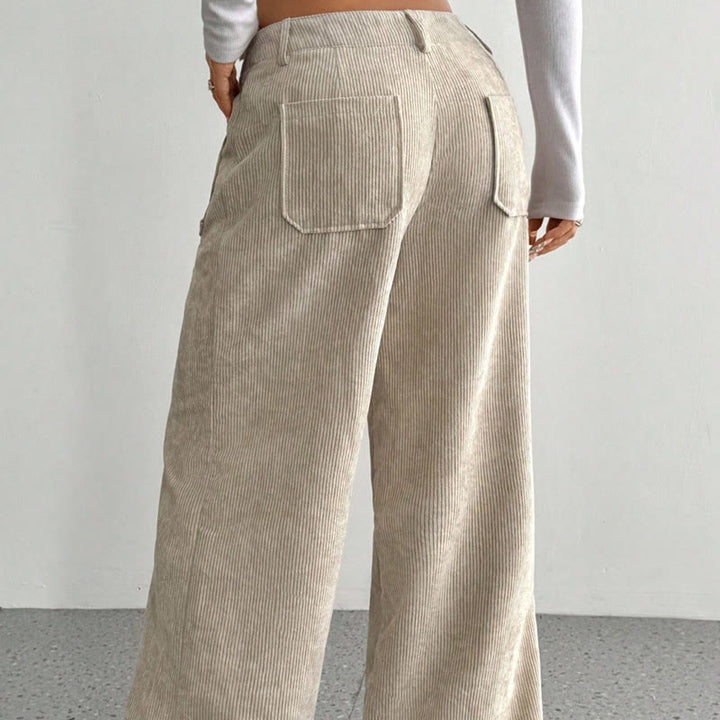 Pantalon large en velours côtelé uni et polyester Buddha Stones pour femme, avec boutons et poches - image 3